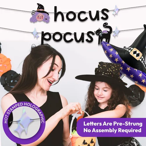 Vista 2 de HOUSE OF PARTY Hocus Pocus, pancarta de Halloween y globo de sombrero de bruja, decoración perfecta para fiestas de Halloween en interiores
