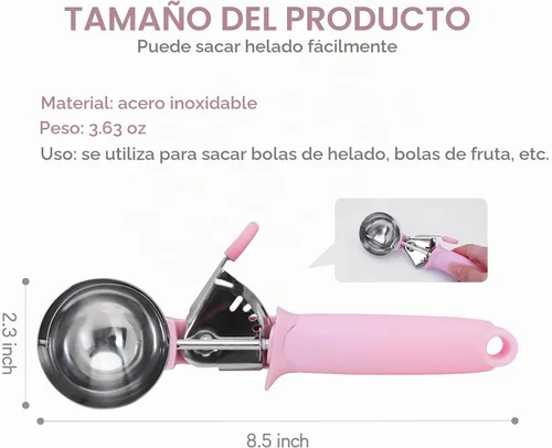 Vista 4 de Cuchara de helado, cuchara de frutas para galletas con mango de agarre cómodo, cuchara de helado de acero inoxidable con palanca de gatillo