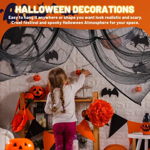 Vista 2 de Paquete de 4 decoraciones de tela espeluznante de Halloween, 30 x 72 pulgadas, paños de gasa de Halloween aterradores, paño espeluznante para casa