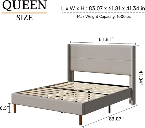 Vista 2 de Marco de cama de plataforma de lino tamaño Queen con cabecera tapizada