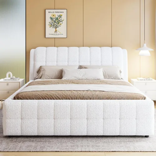 Vista 8 de Elegante base de cama tapizada tamaño California King con cabecero, listones de madera fuertes, base de colchón resistente, no necesita somier, sin