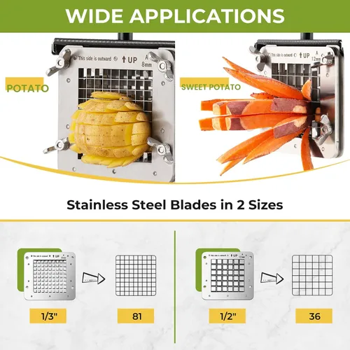 Vista 3 de Cortador de patatas fritas eléctrico de acero inoxidable profesional con 2 cuchillas para uso comercial, doméstico y pepinos, zanahorias, batatas