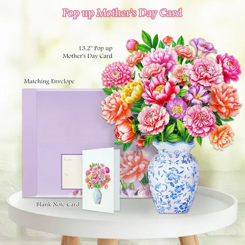 Vista 2 de WhatSign Tarjeta de feliz día de la madre con flores emergentes, impresionante ramo de peonías 3D para mamá, abuela, hija, hermana, tía, tarjetas