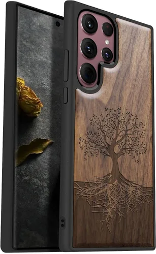 Vista 11 de Carveit Funda de madera para Galaxy S22 [madera real dura y TPU suave] a prueba de golpes, funda protectora híbrida única y elegante, diseño