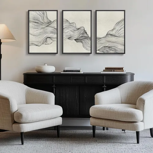 Vista 25 de Arte de pared abstracto moderno enmarcado en blanco y negro, 3 piezas de impresiones en lienzo pinturas obras de arte para paredes, cuadros Negro