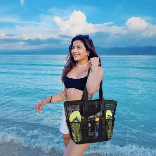 Vista 6 de Bolsa de playa - Bolsa tote de malla para vacaciones en la playa, ropa para mujeres, bolsa para piscina para viajes, piscina, crucero familiar