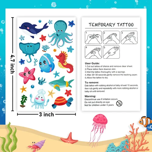 Vista 6 de Partywind Tatuajes temporales azules luminosos bajo el mar para niños, 170 estilos que brillan en el océano, playa, piscina, fiesta de cumpleaños