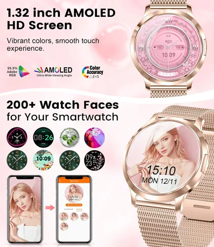 Vista 2 de DREMAC Smart Watch(Make Call/Thin),1.32'' Amoled Curved Display for Android iPhone,Smart Watches for Women with Heart Rate Monitor,Sleep