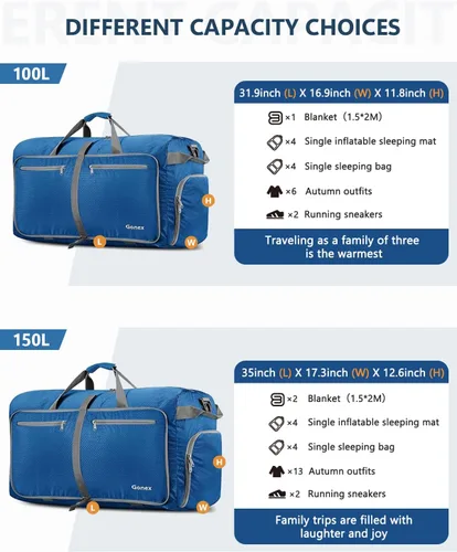 Vista 3 de Gonex Bolsa de viaje plegable grande de 40 L, 60 L, 80 L, 100 L, 150 L, con compartimento para zapatos, plegable, ligera, repelente al agua, bolsa