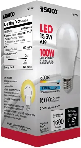 Vista 8 de Satco S28788 15.5A19/LED/50K/ND/120V (6 bombillas LED)