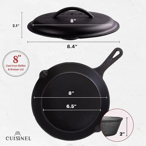 Vista 2 de Cuisinel Sartén de hierro fundido con tapa, juego de sartén cubierta pre-sazonada de 8 pulgadas + mango de silicona y soportes de tapa + Sartén +