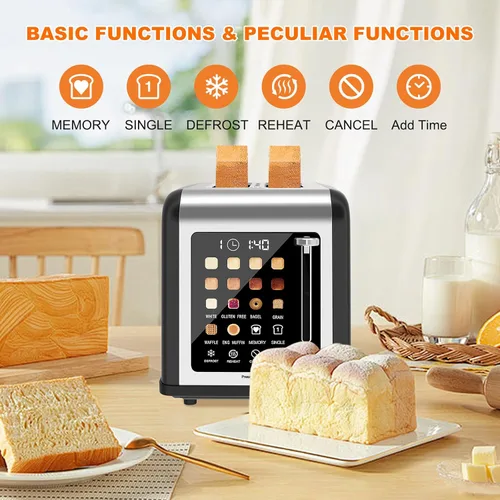 Vista 8 de Tostadora de 2 rebanadas con pantalla táctil, tostadoras de acero inoxidable con temporizador digital, tostadoras de 2 ranuras, 8 ajustes de sombra