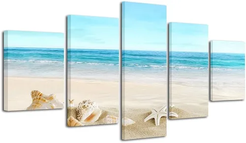 Vista 8 de Pyradecor, paisaje de playa en 5 paneles, lienzo Giclee de paisaje marino, impreso en lienzo moderno, tensado y encuadrado, arte para pared