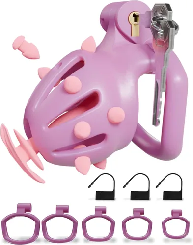 Vista 15 de Cobra Chastity Cage for Men, Invisible Lock, 5 Ball Rings (Pink, XS) Spiked cobra design, lightweight 3D printed open structure, breathable