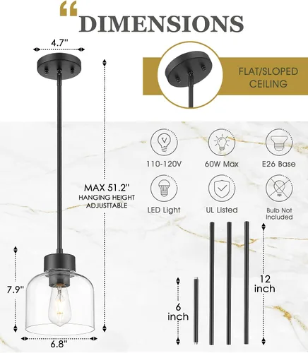 Vista 2 de Luces Colgantes Negras para Isla de Cocina, Accesorios de Luces Colgantes de 7" con Pantalla de Vidrio Transparente, Iluminación Colgante Moderna