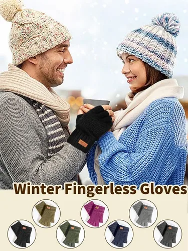 Vista 5 de Guantes de invierno sin dedos para mujeres y hombres, cálidos de lana de alpaca de punto elástico, para clima frío, guantes de medio dedo