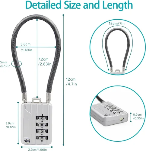 Vista 2 de Cerradura de combinación de cable de 4 dígitos de 7.1 pulgadas para casillero de gimnasio escolar, casco, archivadores, caja de herramientas, maleta