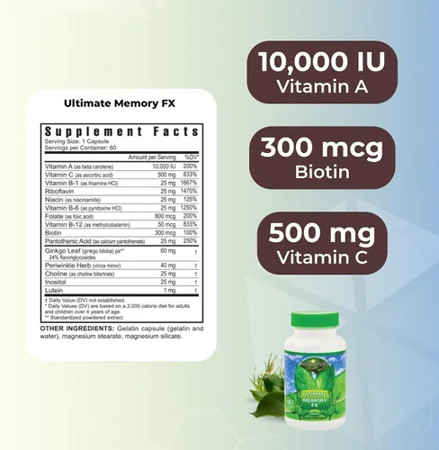 Vista 3 de Ultimate Memory Fx - 60 cápsulas Hoja de ginkgo, hierba bígaro, vitaminas B1, B2, B6, B12 y C, función cerebral, retención de memoria, salud