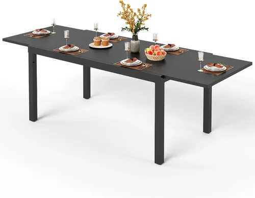Vista 15 de PHI VILLA Mesa rectangular de comedor con listones de acero metálico para 6 personas con agujero ajustable para paraguas, resistente a la intemperie