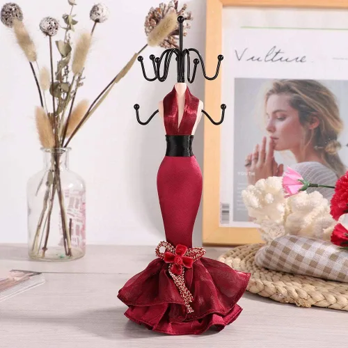 Vista 5 de Soporte de joyería, 4 piezas con colgante, collar, aretes, pulsera, anillo, zapatos, vestido, joyería, modelo, soporte de exhibición (rojo vino)