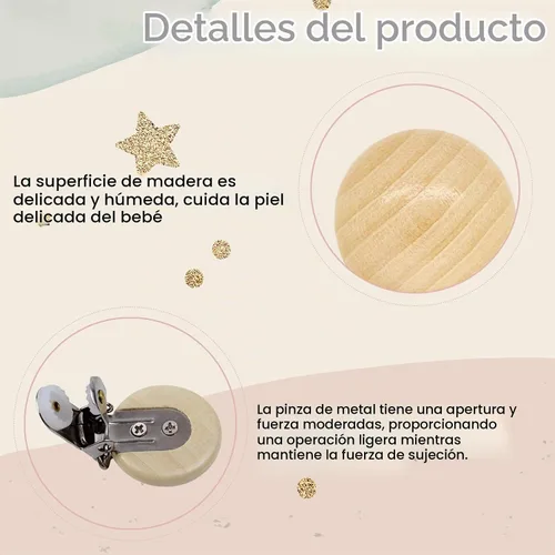 Vista 3 de 20 clips de madera para chupete para sujetar la dentición, clips de suspensión de juguete de madera de haya natural, soporte para chupete