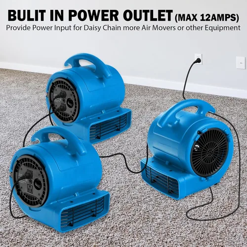 Vista 8 de MOUNTO Ventilador Air Mover de 1/5 hp de 800 cfm, ventilador de secado de pisos, motor de aire compacto de 3 velocidades con doble salida, cable