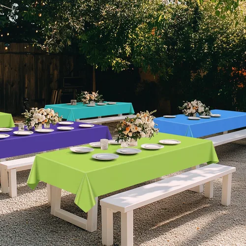 Vista 4 de Mantel rectangular de la serie azul y verde, 4 piezas, 54 x 72 pulgadas, color sólido, impermeable y a prueba de derrames, mantel de plástico