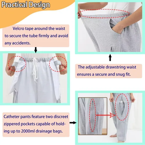Vista 3 de Pantalones de catéter para hombres/mujeres, pantalones de nefrostomía/urinaria, capacidad para 2 bolsas de orina (negro, cintura: 25.9''37'')