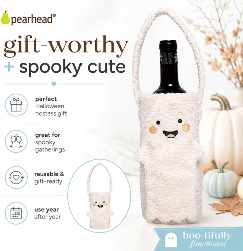 Vista 7 de Pearhead Soporte para botella de vino fantasma de Halloween, bolsa de regalo reutilizable de sherpa de felpa con cara sonriente y asa - Lindo regalo