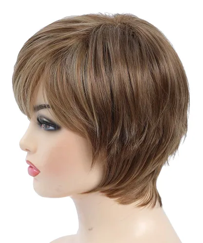 Vista 7 de Pelucas cortas de corte Pixie con flequillo, pelucas de cabello sintético lacio para mujeres blancas (rubio mezclado con marrón)