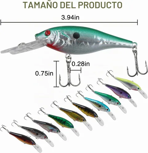 Vista 3 de Kit de señuelo de pesca de lubina, 10 piezas de buceo profundo con anzuelos 3.94 pulgadas - 10