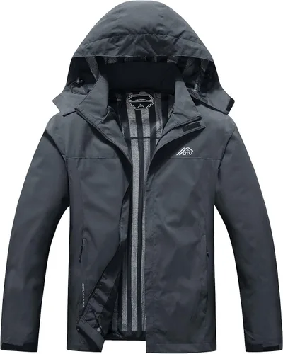 Vista 12 de OTU Chaqueta impermeable ligera para hombre con capucha, para el aire libre, senderismo, viajes Negro