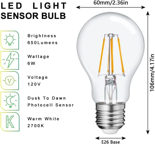Vista 4 de FAGUANGAO Bombillas LED A19 del anochecer al amanecer para exteriores, equivalente a 6 W 60 W, 2700 K blanco cálido, 650 lúmenes, bombilla