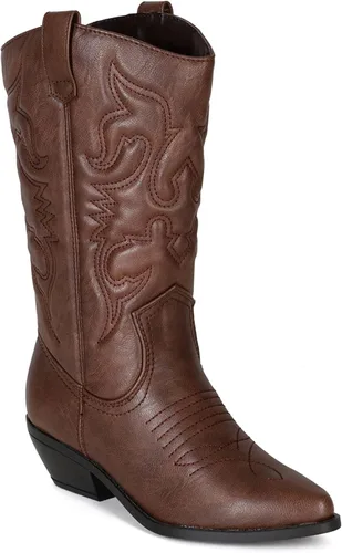 Vista 2 de Soda - Botas vaqueras Reno del oeste para mujer con puntera puntiaguda y lengüeta longitud hasta la rodilla color rojo