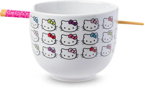 Vista 89 de Silver Buffalo Sanrio Hello Kitty Flowers, cuenco de ramen con palillos Patrón de flores de Hello Kitty
