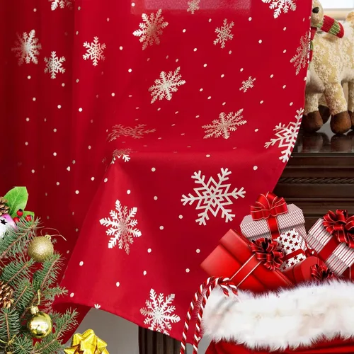 Vista 7 de Cortinas navideñas para sala de estar, cortinas de lujo con estampado de copos de nieve, cortinas de ventana con bolsillo para barra, cortinas