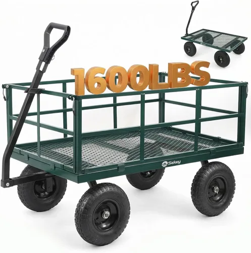 Vista 10 de Sekey Carrito de jardín de malla de acero de 600 libras para patio y patio trasero, carro utilitario con lados extraíbles (cama plana convertible)