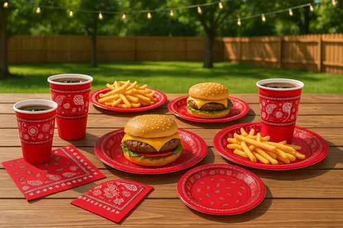 Vista 3 de Oojami Sirve 24 – Bandana roja suministros para fiesta occidental – Paquete completo de fiesta con platos llanos de 9 pulgadas, platos de postre