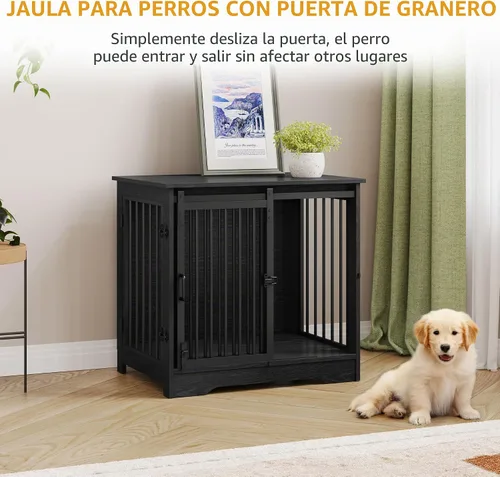 Vista 7 de Hzuaneri Mueble de jaula para perros de 27.2 pulgadas con puerta de granero, perrera resistente para interiores con 2 puertas, mesa auxiliar jaula