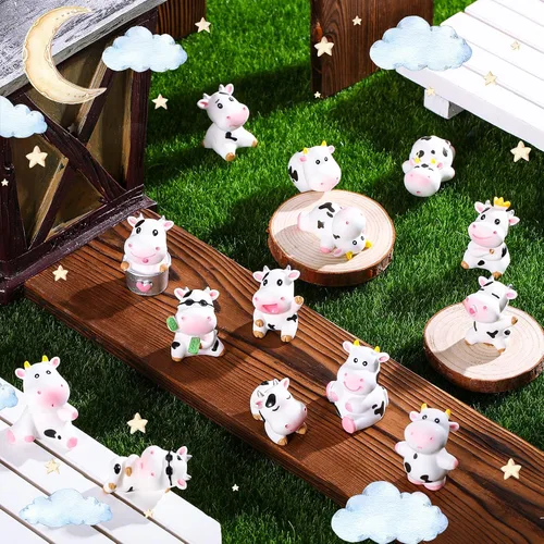 Vista 3 de Blulu 14 piezas de decoración de pastel de vaca, decoración de pasteles de vaca, animales en miniatura, juguetes, resina, jardín, musgo, paisaje