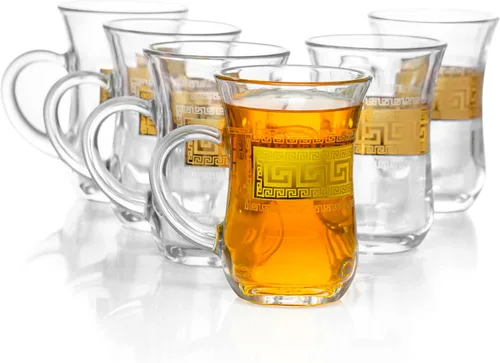 Vista 2 de Red Co. Juego de 6 tazas de té turco decoradas de vidrio transparente de 5 onzas líquidas con patrón de llave griega dorada y mango