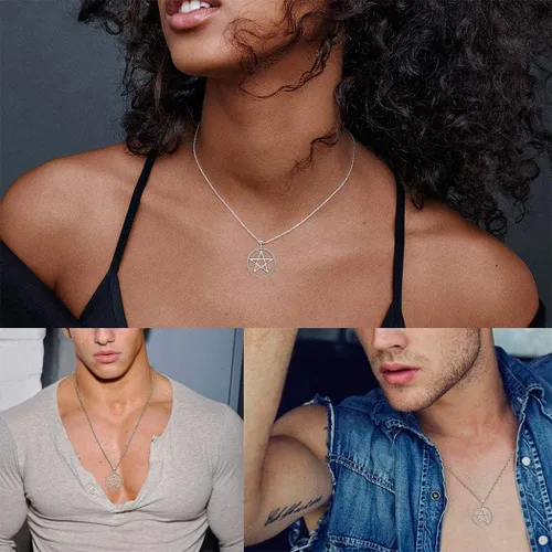 Vista 4 de Collar de pentagrama de plata de ley 925 joyería fina regalo para mujeres y hombres colgante de símbolo astrológico collar de luna negra creciente