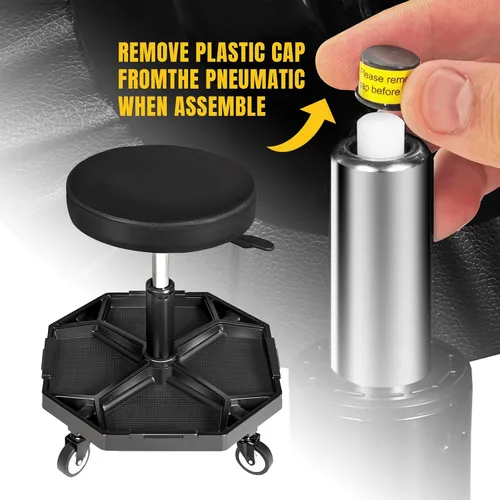 Vista 6 de YELLOW JACKET - Asiento rodante de garaje con ruedas de altura ajustable, taburete neumático para mecánico de 300 libras, asiento de arrastre Negro