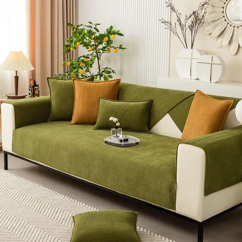 Vista 3 de vctops Funda de sofá con diseño de rayas cheurón estilo granja, protector de muebles de color sólido, funda de sofá suave antideslizante para Verde