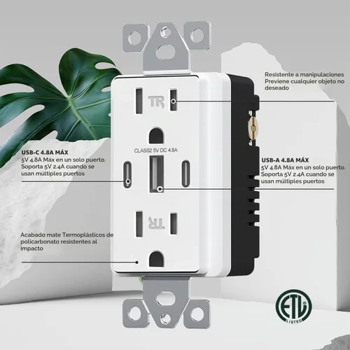 Vista 4 de Micmi Toma de pared USB C, 30 W, 6.0 amperios, 3 puertos USB C, 15 A, receptáculo resistente a manipulaciones con puertos dobles tipo C y A