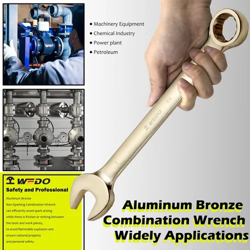 Vista 5 de WEDO Llave combinada sin chispas, llave combinada de seguridad sin chispas, bronce de aluminio, forja, DIN 3113, certificado BAM y FM, tamaño 1