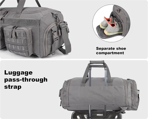 Vista 6 de LHI Bolsa de lona táctica de 50 L para hombres, bolsa de lona y mochila 3 en 1, compartimento para zapatos, funda para laptop y MOLLE, bolsa
