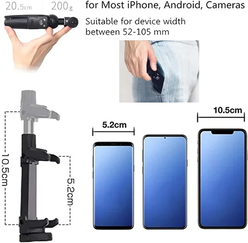 Vista 5 de Trípode monopie para selfie, largo extensible, con control remoto inalámbrico, soporte de clip para teléfono, compatible con iPhone y teléfono