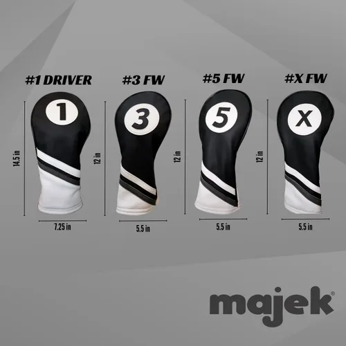 Vista 3 de Fundas de golf vintage de piel sintética en blanco y negro para conductores de 460 cc, Fairway e híbridos por Majek