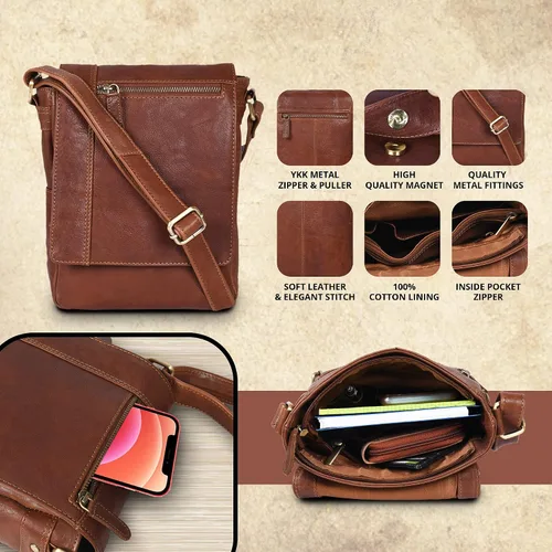 Vista 5 de VALENCHI - Bolso bandolera de cuero genuino de tamaño mediano para hombres y mujeres, compañero de viaje perfecto